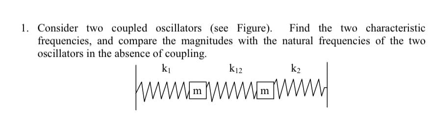 1. Consider two coupled oscillators (see Figure).
frequencies, and compare the magnitudes with the natural frequencies of the two
oscillators in the absence of coupling.
Find the two characteristic
ki
k12
k2
wwawim/
WOWW
