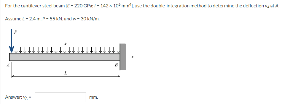 For the cantilever steel beam [E = 220 GPa; / = 142 × 106 mm4], use the double-integration method to determine the deflection VÀ at A.
Assume L = 2.4 m, P = 55 kN, and w = 30 kN/m.
W
B
Answer: VA =
L
mm.