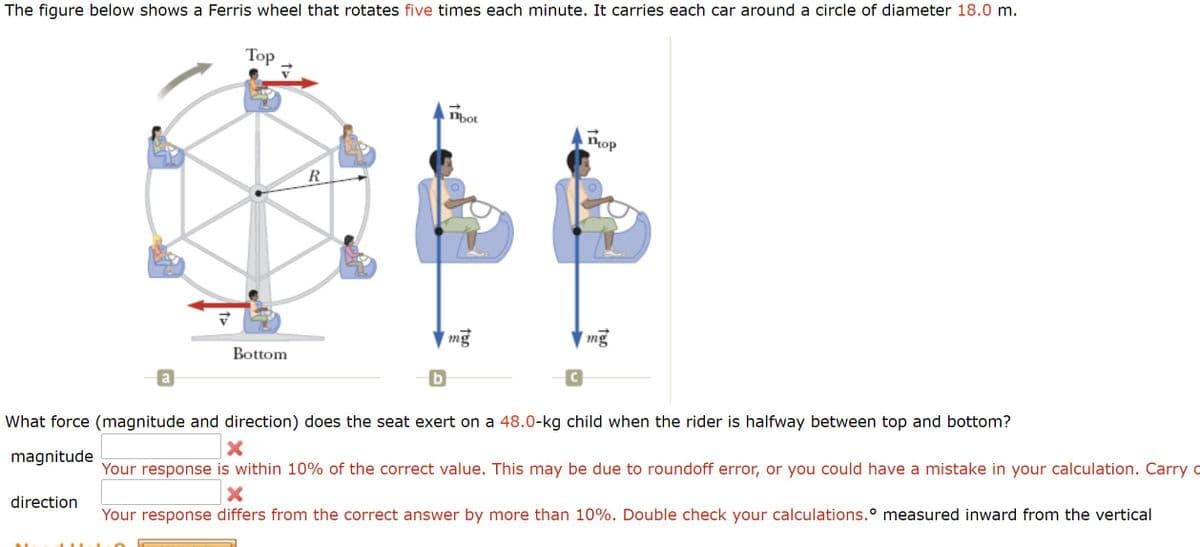 The figure below shows a Ferris wheel that rotates five times each minute. It carries each car around a circle of diameter 18.0 m.
Тор
bot
Top
R
| mg
mg
Bottom
a
b
What force (magnitude and direction) does the seat exert on a 48.0-kg child when the rider is halfway between top and bottom?
magnitude
Your response is within 10% of the correct value. This may be due to roundoff error, or you could have a mistake in your calculation. Carry o
direction
Your response differs from the correct answer by more than 10%. Double check your calculations.° measured inward from the vertical
