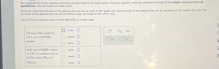 The preparations of two aqueous solutions are described in the table below. For each solution, write the chemical formulas of the major species present at
equilibrium. You can leave out water itself.
Write the chemical formulas of the species that will act as acids in the 'acids' row, the formulas of the species that will act as bases in the 'bases' row, and the
formulas of the species that will act as neither acids nor bases in the other row.
You will find it useful to keep in mind that NH, is a weak base.
1.9 mol of HI is added to
1.0 L of a 1.0M NH,
solution
0.06 mol of NaOH is added
to 1.0 L of a solution that is
0.2M in both NH, and
NH₂CL
acids:
bases:
Oother: B
acids:
Obases: B
Dother: B
0.0.
E
C
0
E
2