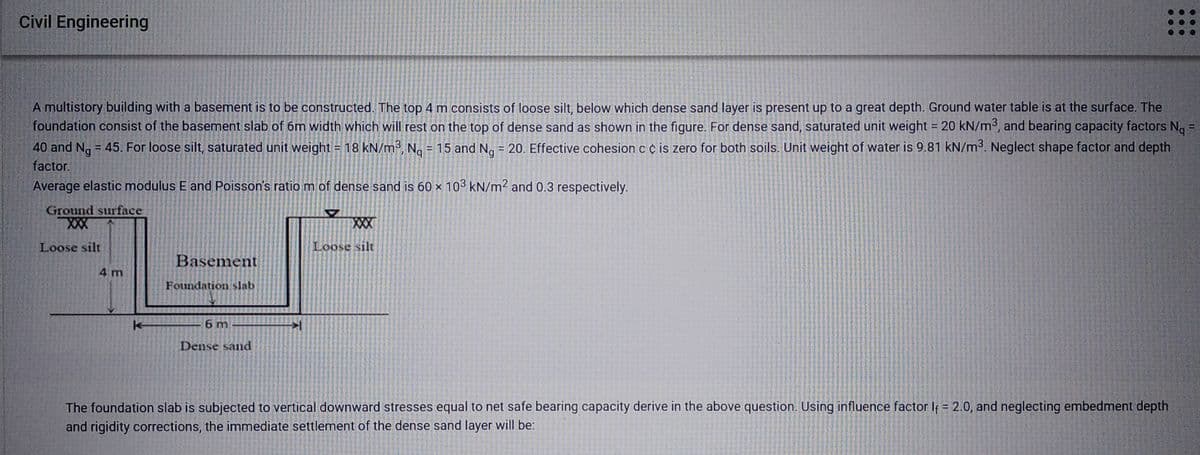 Civil Engineering
A multistory building with a basement is to be constructed. The top 4 m consists of loose silt, below which dense sand layer is present up to a great depth. Ground water table is at the surface. The
foundation consist of the basement slab of 6m width which will rest on the top of dense sand as shown in the figure. For dense sand, saturated unit weight = 20 kN/m³, and bearing capacity factors Na
40 and Ng = 45. For loose silt, saturated unit weight = 18 kN/m³, Ng = 15 and Ng = 20. Effective cohesion c ¢ is zero for both soils. Unit weight of water is 9.81 kN/m³. Neglect shape factor and depth
factor.
Average elastic modulus E and Poisson's ratio m of dense sand is 60 x 103 kN/m2 and 0.3 respectively.
17
Ground surface
XXX
Loose silt
4 m
Basement
Foundation slab
6 m
Dense sand
Loose silt
The foundation slab is subjected to vertical downward stresses equal to net safe bearing capacity derive in the above question. Using influence factor If = 2.0, and neglecting embedment depth
and rigidity corrections, the immediate settlement of the dense sand layer will be: