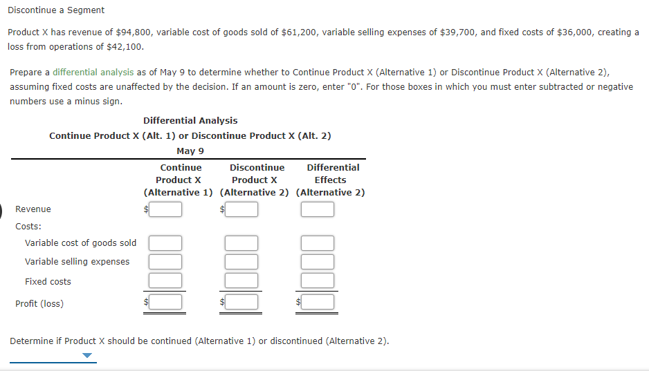 Discontinue a Segment
Product X has revenue of $94,800, variable cost of goods sold of $61,200, variable selling expenses of $39,700, and fixed costs of $36,000, creating a
loss from operations of $42,100.
Prepare a differential analysis as of May 9 to determine whether to Continue Product X (Alternative 1) or Discontinue Product X (Alternative 2),
assuming fixed costs are unaffected by the decision. If an amount is zero, enter "0". For those boxes in which you must enter subtracted or negative
numbers use a minus sign.
Differential Analysis
Continue Product X (Alt. 1) or Discontinue Product X (Alt. 2)
May 9
Continue
Discontinue
Differential
Product X
Product X
Effects
(Alternative 1) (Alternative 2) (Alternative 2)
Revenue
Costs:
Variable cost of goods sold
Variable selling expenses
Fixed costs
Profit (loss)
Determine if Product X should be continued (Alternative 1) or discontinued (Alternative 2).
