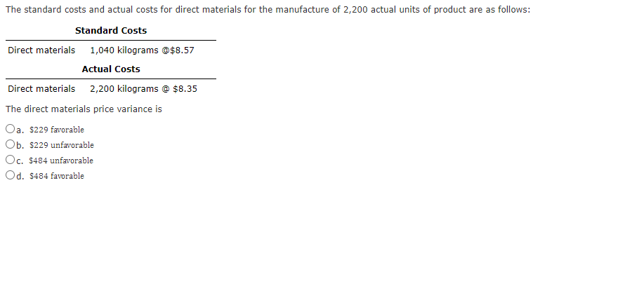 The standard costs and actual costs for direct materials for the manufacture of 2,200 actual units of product are as follows:
Standard Costs
Direct materials 1,040 kilograms @$8.57
Actual Costs
Direct materials 2,200 kilograms @ $8.35
The direct materials price variance is
Oa. $229 favorable
Ob. $229 unfavorable
Oc. $484 unfavorable
Od. $484 favorable
