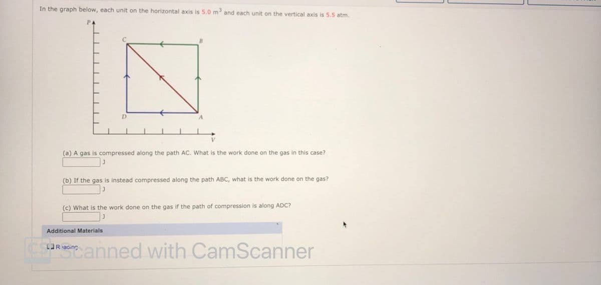 In the graph below, each unit on the horizontal axis is 5.0 m and each unit on the vertical axis is 5.5 atm.
PA
D.
V
(a) A gas is compressed along the path AC. What is the work done on the gas in this case?
(b) If the gas is instead compressed along the path ABC, what is the work done on the gas?
(c) What is the work done on the gas if the path of compression is along ADC?
Additional Materials
saanned with CamScanner
CRaoing
