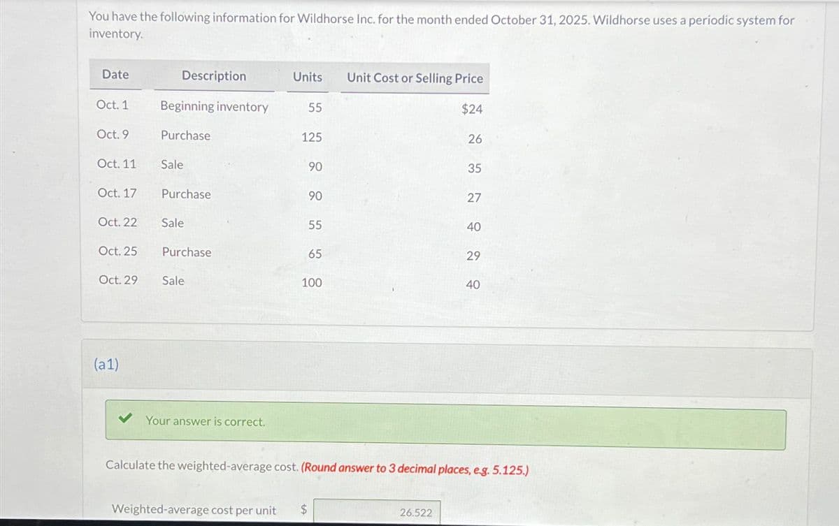 You have the following information for Wildhorse Inc. for the month ended October 31, 2025. Wildhorse uses a periodic system for
inventory.
Date
Oct. 1
Oct. 9
Oct. 11
Oct. 17
Oct. 22
Oct. 25
Oct. 29
(a1)
Description
Beginning inventory
Purchase
Sale
Purchase
Sale
Purchase
Sale
Your answer is correct.
Units Unit Cost or Selling Price
$24
55
125
90
90
55
Weighted-average cost per unit $
65
100
26
26.522
35
27
40
29
Calculate the weighted-average cost. (Round answer to 3 decimal places, e.g. 5.125.)
40