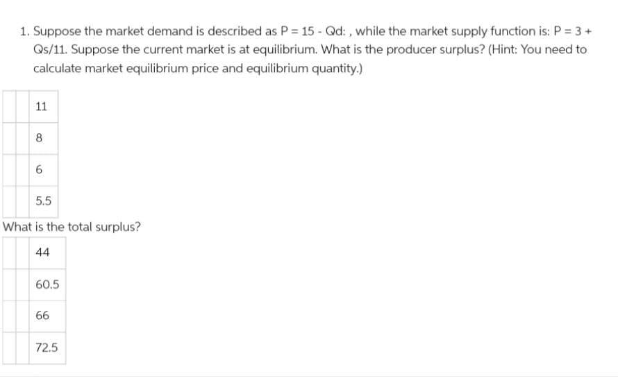 1. Suppose the market demand is described as P = 15 - Qd: , while the market supply function is: P = 3 +
Qs/11. Suppose the current market is at equilibrium. What is the producer surplus? (Hint: You need to
calculate market equilibrium price and equilibrium quantity.)
11
8
6.
5.5
What is the total surplus?
44
60.5
66
72.5
