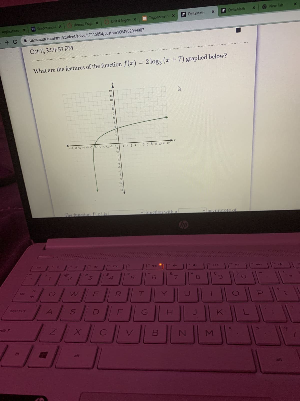 **Title: Understanding the Features of Logarithmic Functions**

**Question:**
What are the features of the function \( f(x) = 2 \log_3 (x + 7) \) graphed below?

**Graph Description:**
The graph displays the function \( f(x) = 2 \log_3 (x + 7) \). The x-axis ranges from approximately -12 to 12, and the y-axis ranges from -4 to 12. The graph shows a logarithmic curve starting from a point near the vertical line at \( x = -7 \), extending upward and to the right. The curve is steepest near \( x = -7 \) and gradually flattens as it moves to the right.

**Key Features:**
- **Vertical Asymptote:** The graph has a vertical asymptote at \( x = -7 \). This is because the logarithmic function is undefined for values of \( x + 7 \leq 0 \).

- **Domain:** The domain of the function is \( x > -7 \).

- **Range:** The range of the function is all real numbers, \( y \in \mathbb{R} \).

- **Behavior:** As \( x \) approaches -7 from the right, the value of the function \( f(x) \) decreases towards negative infinity. As \( x \) increases, the function value \( f(x) \) increases without bound.

- **Transformations:** The function includes a horizontal shift left by 7 units and a vertical stretch by a factor of 2 due to the coefficient in front of the logarithm.

Understanding these features helps in analyzing the behavior of logarithmic functions and their transformations.