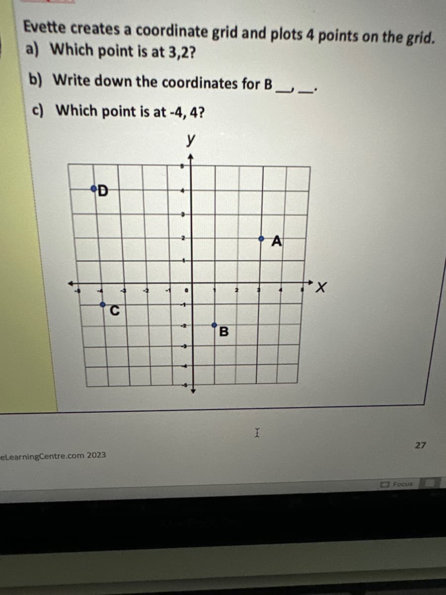 Evette creates a coordinate grid and plots 4 points on the grid.
a) Which point is at 3,2?
b) Write down the coordinates for B
c) Which point is at -4, 4?
y
D
eLearningCentre.com 2023
-2
B
I
J1
A
Focus
27