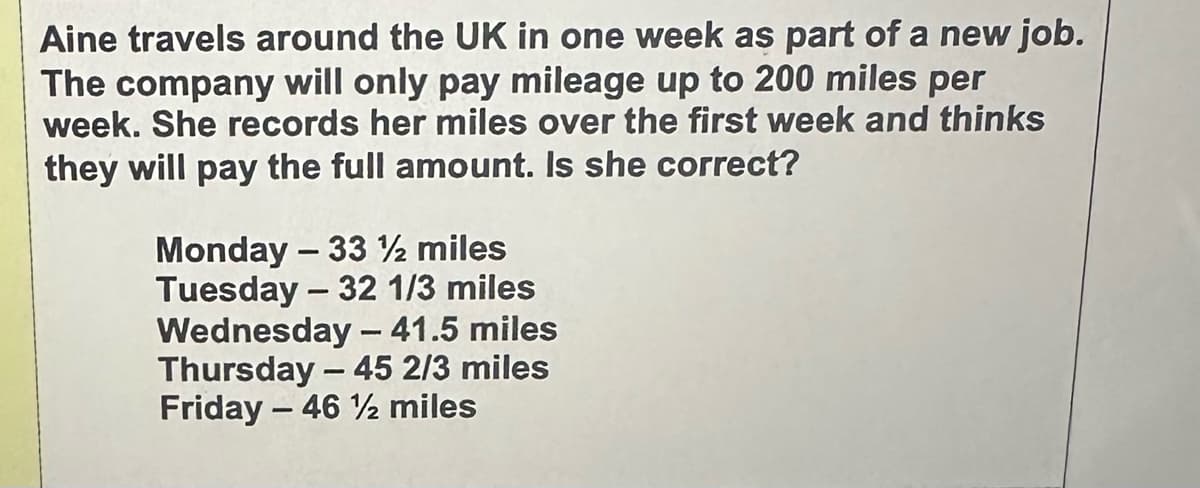 Aine travels around the UK in one week as part of a new job.
The company will only pay mileage up to 200 miles per
week. She records her miles over the first week and thinks
they will pay the full amount. Is she correct?
Monday - 33½ miles
Tuesday - 32 1/3 miles
Wednesday - 41.5 miles
Thursday - 45 2/3 miles
Friday - 46½ miles