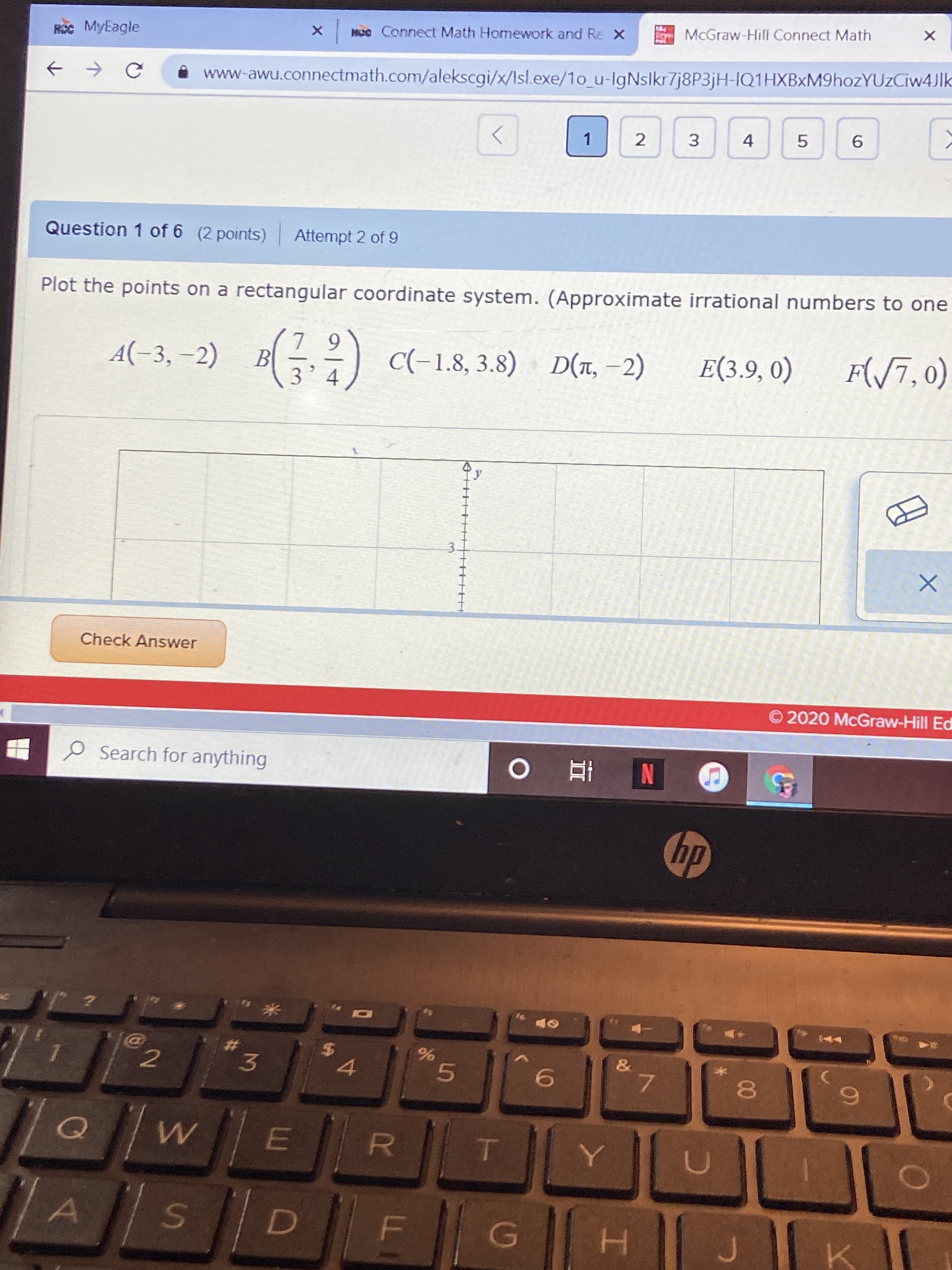 Plot the points on a rectangular coordinate system. (Approximate irrational numbers to one
7 9
A(-3, –2) B(–, C(-1.8, 3.8)
3' 4
D(T, –2)
E(3.9, 0)
F(/7,0)
y
3.
