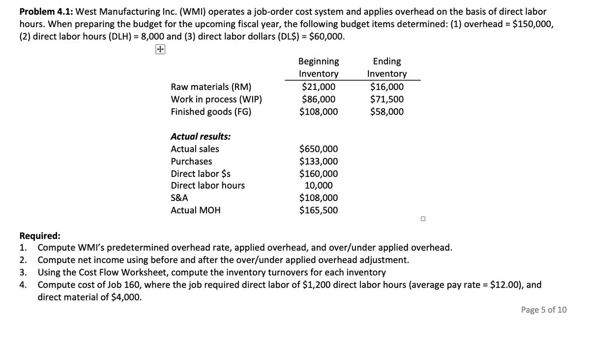 Problem 4.1: West Manufacturing Inc. (WMI) operates a job-order cost system and applies overhead on the basis of direct labor
hours. When preparing the budget for the upcoming fiscal year, the following budget items determined: (1) overhead = $150,000,
(2) direct labor hours (DLH) = 8,000 and (3) direct labor dollars (DL$) = $60,000.
Beginning
Ending
Inventory
Raw materials (RM)
Work in process (WIP)
Finished goods (FG)
$21,000
$86,000
$108,000
Inventory
$16,000
$71,500
$58,000
Actual results:
$650,000
$133,000
$160,000
10,000
$108,000
$165,500
Actual sales
Purchases
Direct labor $s
Direct labor hours
S&A
Actual MOH
Required:
Compute WMI's predetermined overhead rate, applied overhead, and over/under applied overhead.
Compute net income using before and after the over/under applied overhead adjustment.
Using the Cost Flow Worksheet, compute the inventory turnovers for each inventory
Compute cost of Job 160, where the job required direct labor of $1,200 direct labor hours (average pay rate = $12.00), and
direct material of $4,000.
1.
2.
3.
4.
Page 5 of 10
