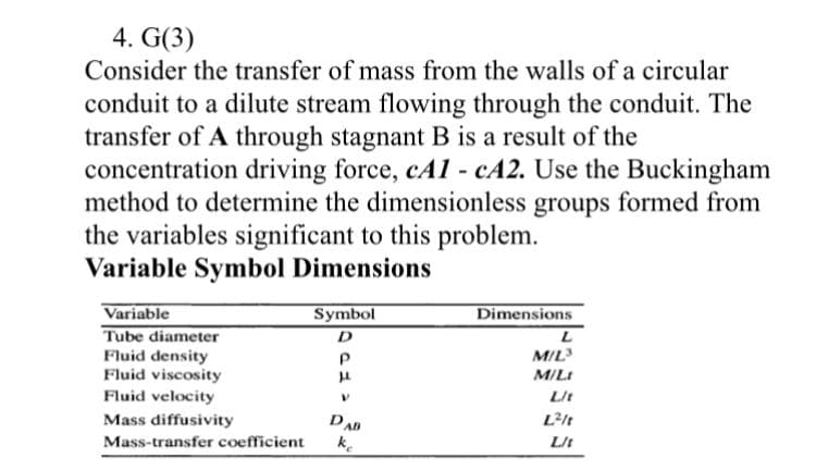 4. G(3)
Consider the transfer of mass from the walls of a circular
conduit to a dilute stream flowing through the conduit. The
transfer of A through stagnant B is a result of the
concentration driving force, cAl - cA2. Use the Buckingham
method to determine the dimensionless groups formed from
the variables significant to this problem.
Variable Symbol Dimensions
Variable
Symbol
D
Dimensions
Tube diameter
Fluid density
Fluid viscosity
MIL
M/Lt
Fluid velocity
L/t
Mass diffusivity
PAB
L²It
Mass-transfer coefficient
ke
L/t
