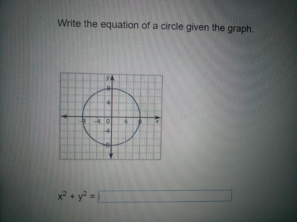 Write the equation of a circle given the graph.
4-
-4 0
4-
x² + y2 3=
