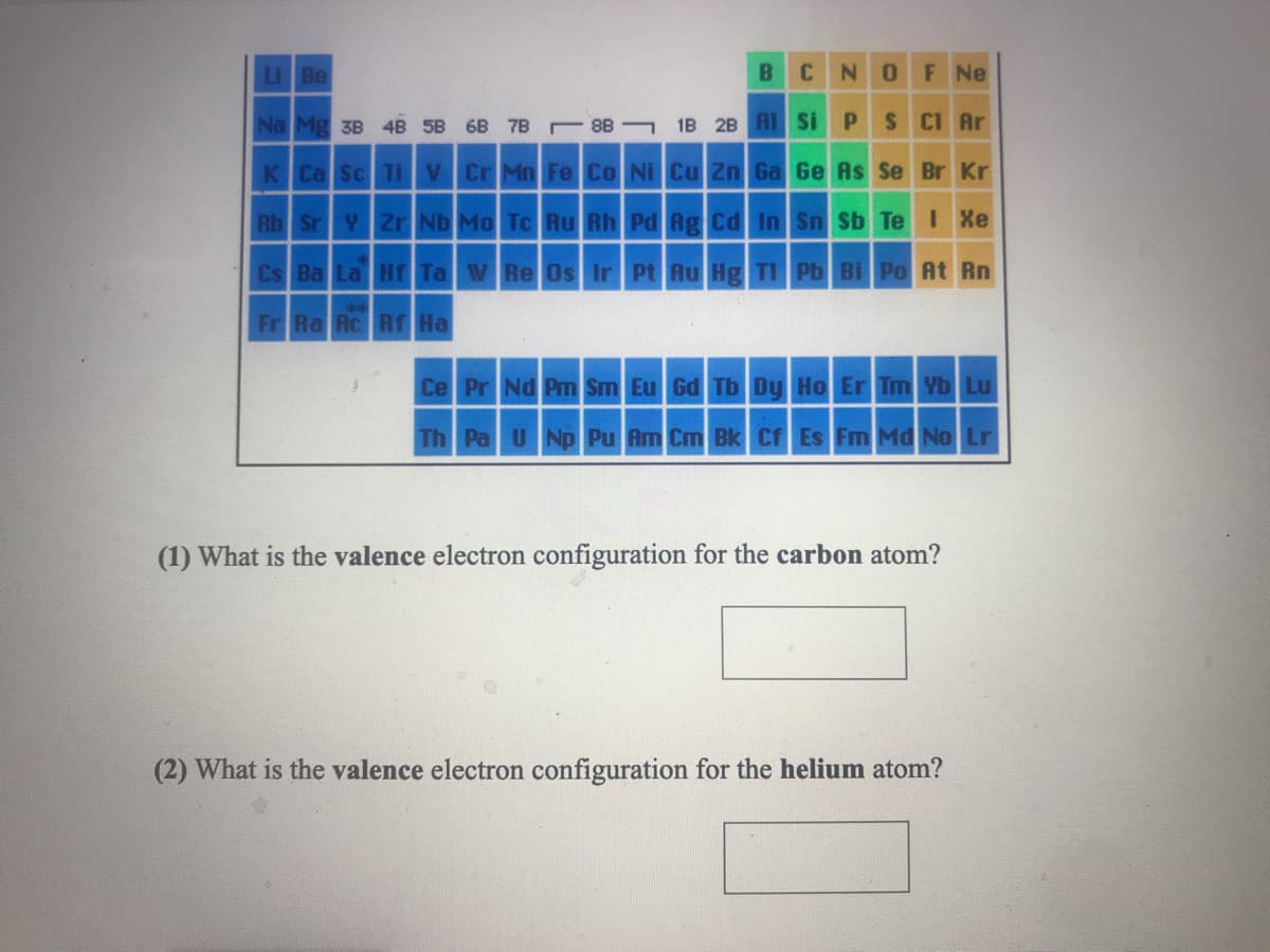 Li Be
N O
F Ne
Na Mg 3B 4B 5B 6B 7B 8B 1B 2B Al Si PS CI Ar
K Ca Sc Ti V Cr Mn Fe Co Ni Cu Zn Ga Ge As Se Br Kr
Rb Sr Y ZrNb Mo Tc Ru Rh Pd Ag Cd In Sn Sb Te Xe
CS Ba La Hf Ta W Re Os Ir Pt Au Hg TI Pb Bi Po At Rn
Fr Ra Ac Rf Ha
Ce Pr Nd Pm Sm Eu Gd Tb Dy Ho Er Tm Yb Lu
Th Pa UNp Pu Am Cm Bk Cf Es Fm Md No Lr
(1) What is the valence electron configuration for the carbon atom?
(2) What is the valence electron configuration for the helium atom?
