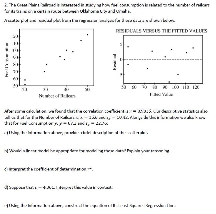 2. The Great Plains Railroad is interested in studying how fuel consumption is related to the number of railcars
for its trains on a certain route between Oklahoma City and Omaha.
A scatterplot and residual plot from the regression analysis for these data are shown below.
RESIDUALS VERSUS THE FITTED VALUES
120-
110-
5-
100-
90+
80-
70
60-
50
20
50
60 70 80 90 100 110 120
30
40
50
Fitted Value
Number of Railcars
After some calculation, we found that the correlation coefficient is r = 0.9835. Our descriptive statistics also
tell us that for the Number of Railcars x, i = 35.6 and s, = 10.42. Alongside this information we also know
that for Fuel Consumption y, ỹ = 87.2 and s, = 22.76.
a) Using the information above, provide a brief description of the scatterplot.
b) Would a linear model be appropriate for modeling these data? Explain your reasoning.
c) Interpret the coefficient of determination r?.
d) Suppose that s = 4.361. Interpret this value in context.
e) Using the information above, construct the equation of its Least-Squares Regression Line.
Fuel Consumption
Residual
