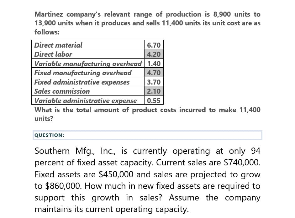 Martinez company's relevant range of production is 8,900 units to
13,900 units when it produces and sells 11,400 units its unit cost are as
follows:
Direct material
Direct labor
6.70
4.20
Variable manufacturing overhead 1.40
Fixed manufacturing overhead
4.70
Fixed administrative expenses
3.70
Sales commission
2.10
Variable administrative expense
0.55
What is the total amount of product costs incurred to make 11,400
units?
QUESTION:
Southern Mfg., Inc., is currently operating at only 94
percent of fixed asset capacity. Current sales are $740,000.
Fixed assets are $450,000 and sales are projected to grow
to $860,000. How much in new fixed assets are required to
support this growth in sales? Assume the company
maintains its current operating capacity.