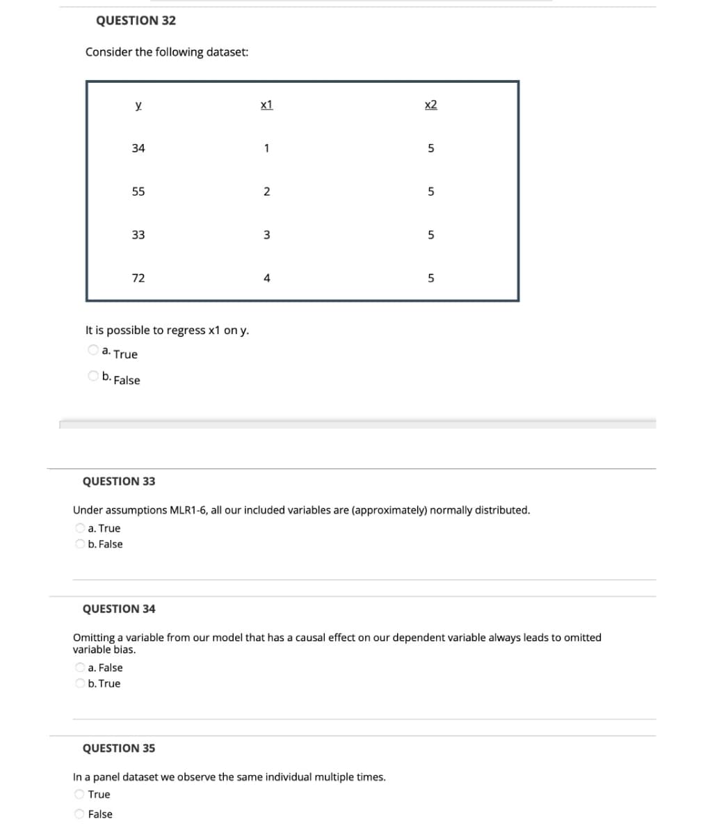 QUESTION 32
Consider the following dataset:
х1
x2
34
1
55
33
3
5
72
4
5
It is possible to regress x1 on y.
a. True
b. False
QUESTION 33
Under assumptions MLR1-6, all our included variables are (approximately) normally distributed.
a. True
b. False
QUESTION 34
Omitting a variable from our model that has a causal effect on our dependent variable always leads to omitted
variable bias.
a. False
b. True
QUESTION 35
In a panel dataset we observe the same individual multiple times.
True
O False
