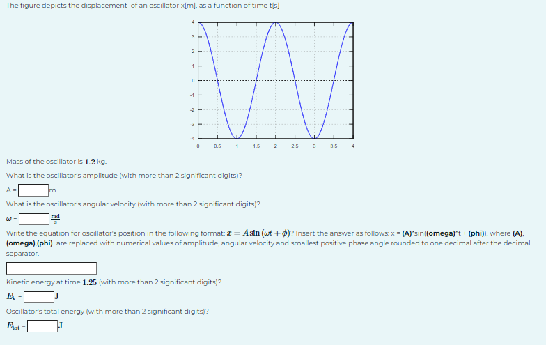 The figure depicts the displacement of an oscillator x[m], as a function of time t[s]
3
2
1
0
-1
-2
0
0.5
Mass of the oscillator is 1.2 kg.
What is the oscillator's amplitude (with more than 2 significant digits)?
A =
1
What is the oscillator's angular velocity (with more than 2 significant digits)?
rad
Kinetic energy at time 1.25 (with more than 2 significant digits)?
Ex=
Oscillator's total energy (with more than 2 significant digits)?
Erot
1.5
2
2.5
3
3.5
Write the equation for oscillator's position in the following format: z = Asin (wt +)? Insert the answer as follows: x = (A)*sin((omega)'t + (phi)), where (A),
(omega).(phi) are replaced with numerical values of amplitude, angular velocity and smallest positive phase angle rounded to one decimal after the decimal
separator.
4