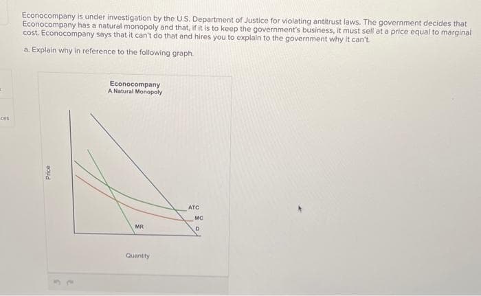 t
ces
Econocompany is under investigation by the U.S. Department of Justice for violating antitrust laws. The government decides that
Econocompany has a natural monopoly and that, if it is to keep the government's business, it must sell at a price equal to marginal
cost. Econocompany says that it can't do that and hires you to explain to the government why it can't.
a. Explain why in reference to the following graph.
Price
Econocompany
A Natural Monopoly
MR
Quantity
ATC
MC
D