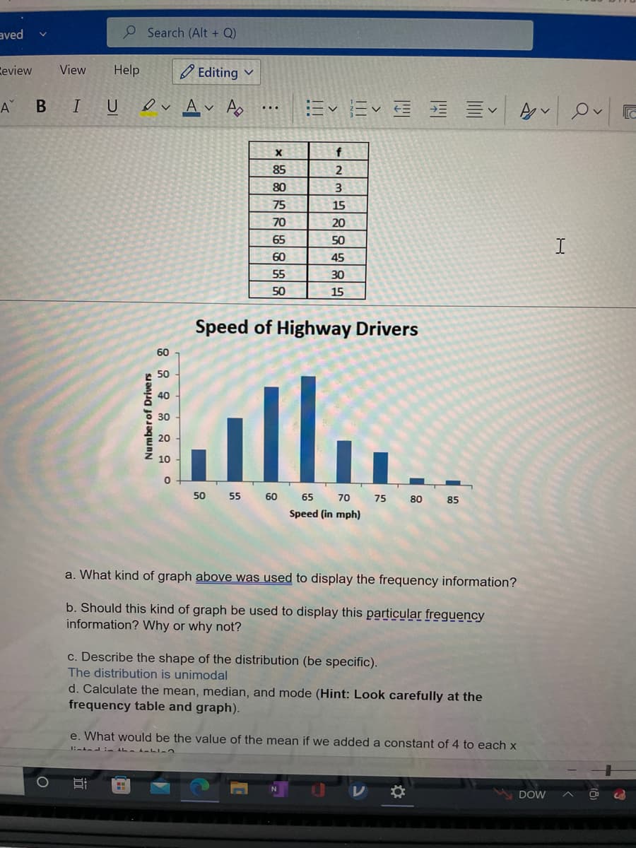 aved
P Search (Alt + Q)
Ceview
View
Help
O Editing v
A
B IU ev Av
Ev Ev E E E A
...
85
2
80
75
15
70
20
65
50
I
60
45
55
30
50
15
Speed of Highway Drivers
60
50
ill.
50
55
60
65
70
75
80
85
Speed (in mph)
a. What kind of graph above was used to display the frequency information?
b. Should this kind of graph be used to display this particular freguency
information? Why or why not?
c. Describe the shape of the distribution (be specific).
The distribution is unimodal
d. Calculate the mean, median, and mode (Hint: Look carefully at the
frequency table and graph).
e. What would be the value of the mean if we added a constant of 4 to each x
DOW
