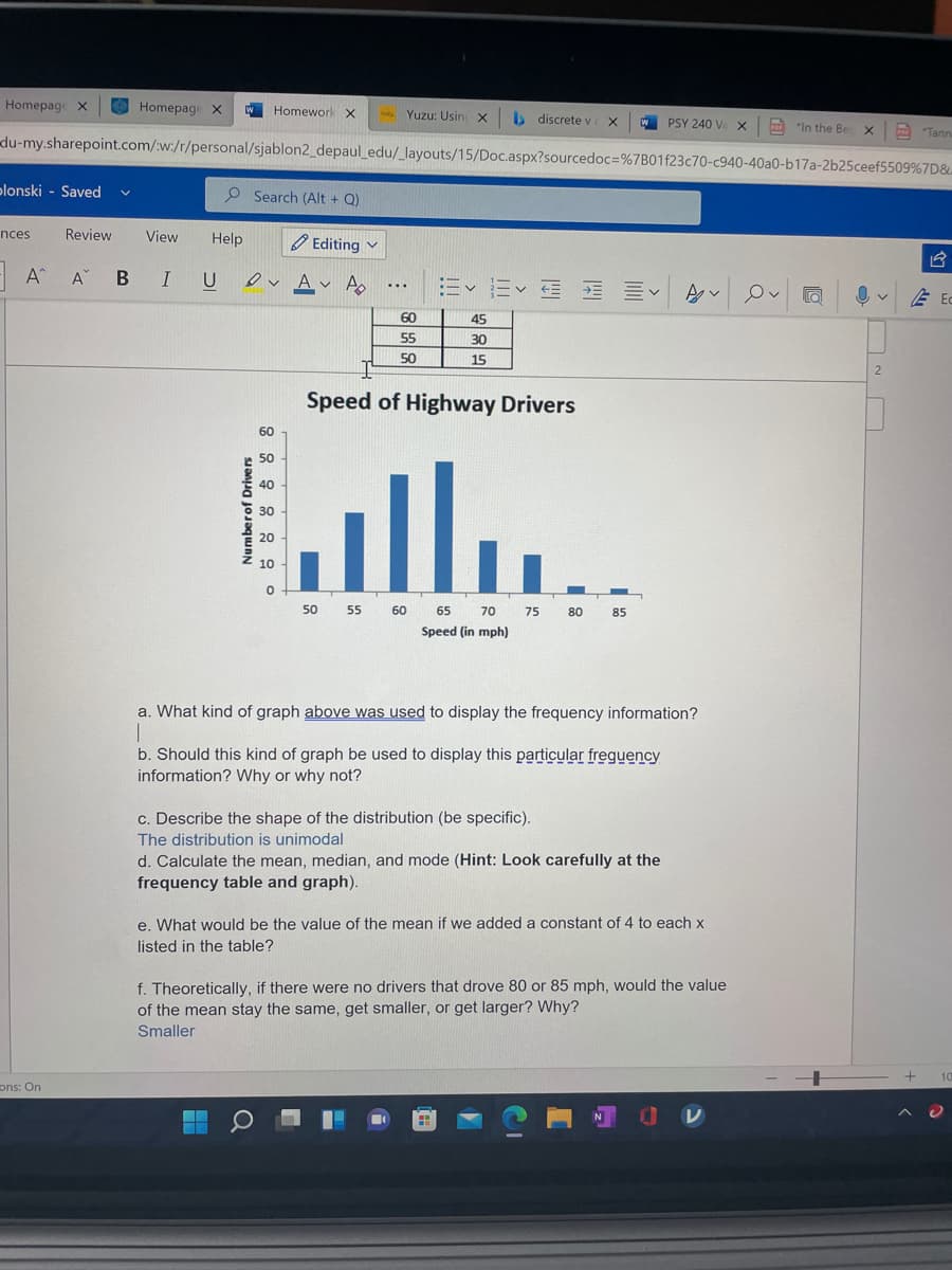 Homepage x
O Homepage X
Homework X
Yuzu: Usin X
b discrete v
A "In the Bec xA Tann
du-my.sharepoint.com/w:/r/personal/sjablon2_depaul_edu/_layouts/15/Doc.aspx?sourcedoc=%7B01f23c70-c940-40a0-b17a-2b25ceef5509%7D&
PSY 240 V X
plonski - Saved
O Search (Alt + Q)
nces
Review
View
Help
O Editing v
A^ A
В I
ev Av A
U
Ev E E E EV
...
Ov
60
45
55
30
50
15
Speed of Highway Drivers
60
50
ullu
40
30
10
50
55
60
65
70
75
80
85
Speed (in mph)
a. What kind of graph above was used to display the frequency information?
b. Should this kind of graph be used to display this particular freguency
information? Why or why not?
c. Describe the shape of the distribution (be specific).
The distribution is unimodal
d. Calculate the mean, median, and mode (Hint: Look carefully at the
frequency table and graph).
e. What would be the value of the mean if we added a constant of 4 to each x
listed in the table?
f. Theoretically, if there were no drivers that drove 80 or 85 mph, would the value
of the mean stay the same, get smaller, or get larger? Why?
Smaller
ons: On
Numberof Drivers
