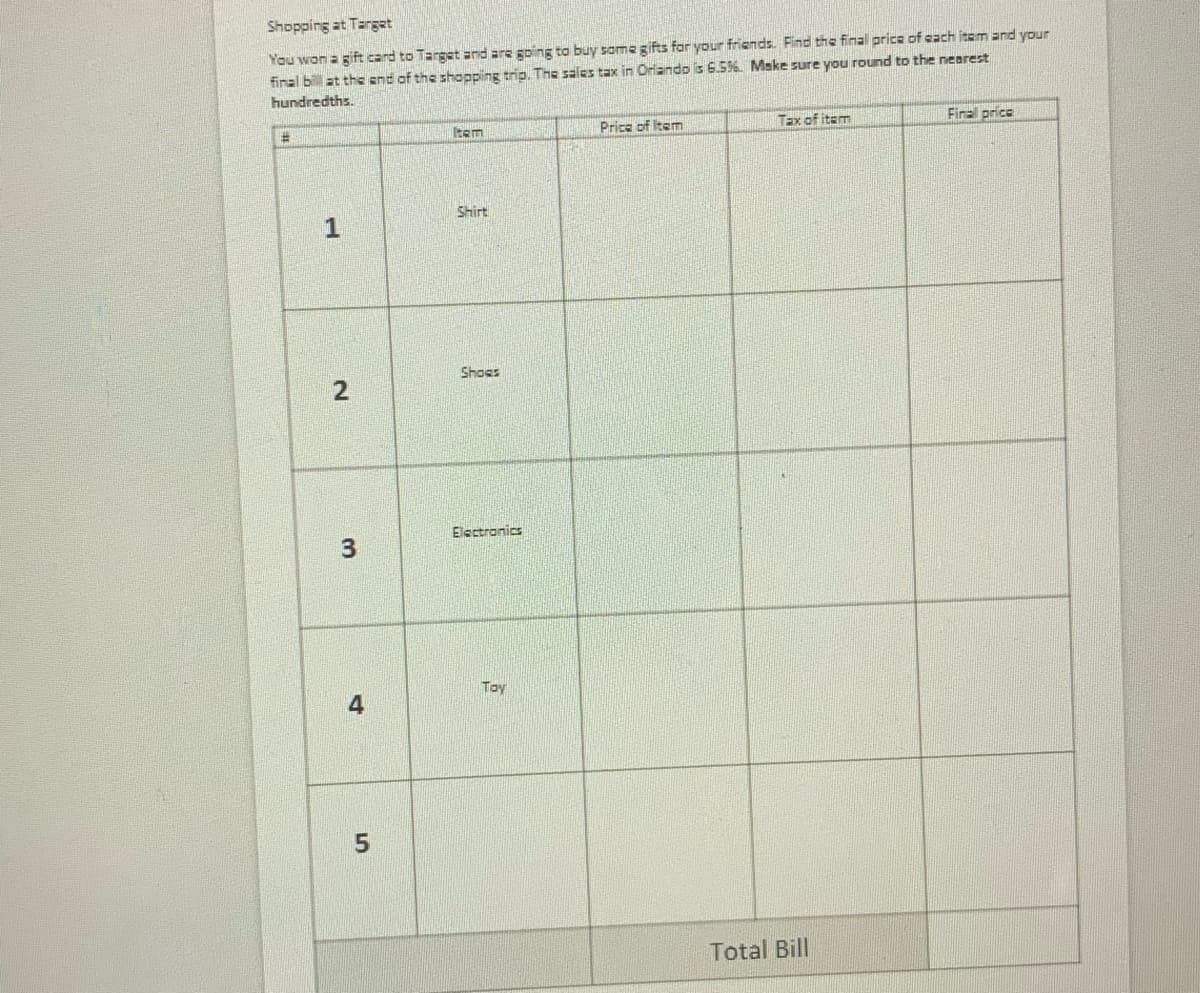 Shopping at Targat
You won a gift card to Target and are going to buy some gifts for your friends. Find the final price of cach item and your
final bill at the end of the shopping trip. The sales tax in Orlando s 6.56. Make sure you round to the nearest
hundredths.
Price of Item
Tax of item
Firal price
tem
Shirt
1
Shoes
2.
Electronics
Tay
4
Total Bill
3.
