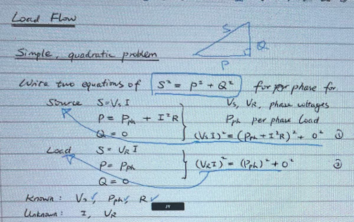 Load Flow
Simple, quadratic problem
Write two equations of
Stucce
Load
2
P= P + I²R
SE VRI
P= Pph
Q = 0
Known V₂ Pphy RV
Unknown
S = P²+Q²
4
JV
12
for your phone for
Vs, VR, phase witages
Pph per phase load.
(Vs I)" = (Pph + I²R)"+ 0 0
(V₂I) - (P₂h)* +0°