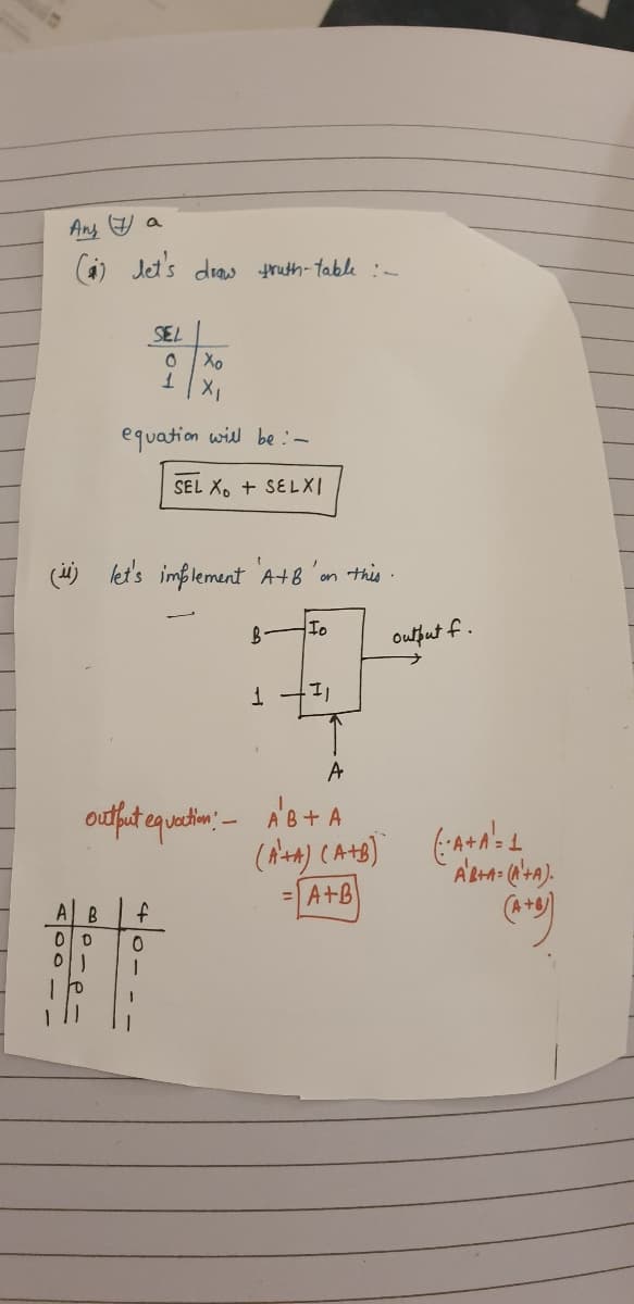 Any 9 a
Jet's dias truth-table :-
SEL
Xo
X1
equation wil be :-
SEL X. + SELXI
(i) let's imflement A+8 'on this-
Io
oulput f.
A
outfut equetim: - A'B+ A
= A+B
A B
