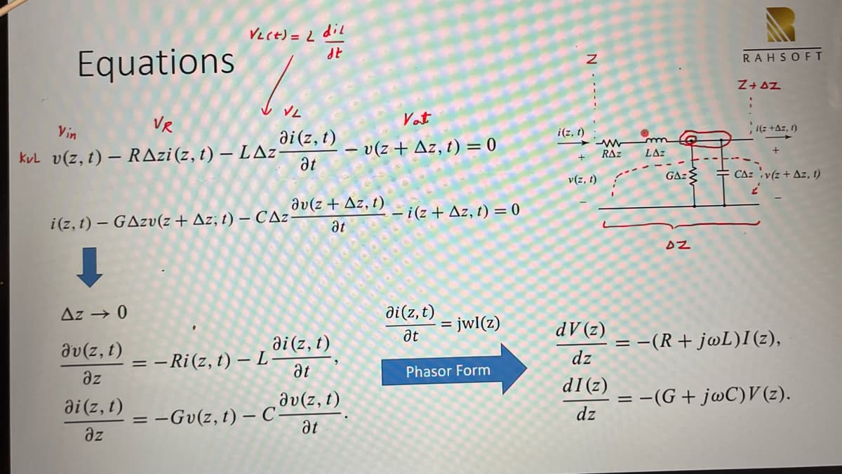 Equations
Vect) = 2 dil
dt
VR
Vin
KvL v(z, t) - RAzi (z, t) - LAz-
Δz → 0
av (z, t)
əz
VL
di (z, t)
at
di (z, t)
əz
i(z, t)- GAzv(z + Az; t) - CAZ-
di (z, t)
at
=-Ri(z, t) - L-
av(z+Az, t)
at
av (z, t)
at
= -Gv (z, t) - C-
Vot
- v(z+Az, t) = 0
- i(z+Az, t) = 0
di(z, t)
at
= jwl(z)
Phasor Form
i(z, t)
Z
v(z, t)
www
RAZ
dV (z)
dz
dI (z)
dz
LAZ
GAZ
DZ
==
RAHSOFT
Z+AZ
:
i(z+Az, t)
CAZ.v(z+Az, t)
= −(R+ jwL)I(z),
-(G+ jwC)V(z).