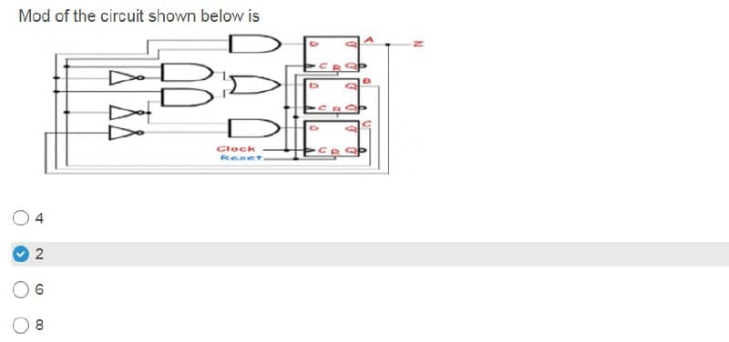 Mod of the circuit shown below is
BI
Do
Glock
Reset
4
6
8
2.
