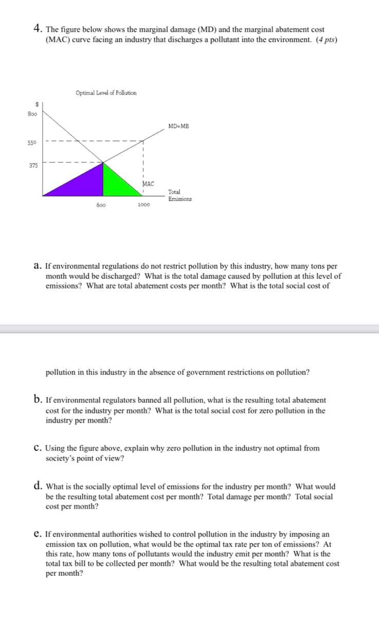 4. The figure below shows the marginal damage (MD) and the marginal abatement cost
(MAC) curve facing an industry that discharges a pollutant into the environment. (4 pts)
Optimal Level of Pollution
$
MD-MB
375
Total
Emissions
600
1000
a. If environmental regulations do not restrict pollution by this industry, how many tons per
month would be discharged? What is the total damage caused by pollution at this level of
emissions? What are total abatement costs per month? What is the total social cost of
pollution in this industry in the absence of government restrictions on pollution?
b. If environmental regulators banned all pollution, what is the resulting total abatement
cost for the industry per month? What is the total social cost for zero pollution in the
industry per month?
C. Using the figure above, explain why zero pollution in the industry not optimal from
society's point of view?
d. What is the socially optimal level of emissions for the industry per month? What would
be the resulting total abatement cost per month? Total damage per month? Total social
cost per month?
e. If environmental authorities wished to control pollution in the industry by imposing an
emission tax on pollution, what would be the optimal tax rate per ton of emissions? At
this rate, how many tons of pollutants would the industry emit per month? What is the
total tax bill to be collected per month? What would be the resulting total abatement cost
per month?
800
550
MAC