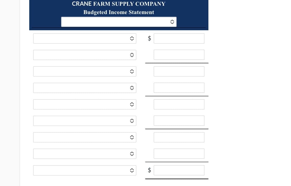 CRANE FARM SUPPLY COMPANY
Budgeted Income Statement
$
$
<>
<>
<>
<>
<>
<>
<>
<>
