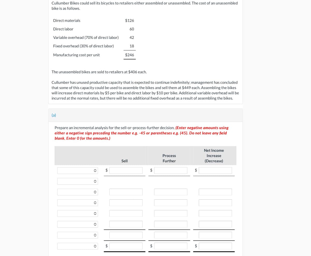 Cullumber Bikes could sell its bicycles to retailers either assembled or unassembled. The cost of an unassembled
bike is as follows.
Direct materials
$126
Direct labor
60
Variable overhead (70% of direct labor)
42
Fixed overhead (30% of direct labor)
18
Manufacturing cost per unit
$246
The unassembled bikes are sold to retailers at $406 each.
Cullumber has unused productive capacity that is expected to continue indefinitely; management has concluded
that some of this capacity could be used to assemble the bikes and sell them at $449 each. Assembling the bikes
will increase direct materials by $5 per bike and direct labor by $10 per bike. Additional variable overhead will be
incurred at the normal rates, but there will be no additional fixed overhead as a result of assembling the bikes.
(a)
Prepare an incremental analysis for the sell-or-process-further decision. (Enter negative amounts using
either a negative sign preceding the number e.g. -45 or parentheses e.g. (45). Do not leave any field
blank. Enter 0 for the amounts.)
Net Income
Process
Increase
Sell
Further
(Decrease)
$
$
$
2$
(>
