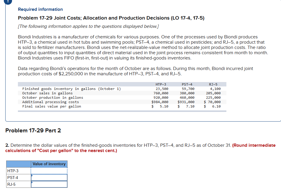 Required information
Problem 17-29 Joint Costs; Allocation and Production Decisions (LO 17-4, 17-5)
[The following information applies to the questions displayed below.]
Biondi Industries is a manufacturer of chemicals for various purposes. One of the processes used by Biondi produces
HTP-3, a chemical used in hot tubs and swimming pools; PST-4, a chemical used in pesticides; and RJ-5, a product that
is sold to fertilizer manufacturers. Biondi uses the net-realizable-value method to allocate joint production costs. The ratio
of output quantities to input quantities of direct material used in the joint process remains consistent from month to month.
Biondi Industries uses FIFO (first-in, first-out) in valuing its finished-goods inventories.
Data regarding Biondi's operations for the month of October are as follows. During this month, Biondi incurred joint
production costs of $2,250,000 in the manufacture of HTP-3, PST-4, and RJ-5.
Finished goods inventory in gallons (October 1)
October sales in gallons
October production in gallons
Additional processing costs
Final sales value per gallon
Problem 17-29 Part 2
HTP-3
PST-4
RJ-5
PST-4
59,700
HTP-3
23,500
760,000
920,000
$984,000
380,000
460,000
$931,000
$ 5.10 $ 7.10
Value of inventory
RJ-5
4,100
205,000
2. Determine the dollar values of the finished-goods inventories for HTP-3, PST-4, and RJ-5 as of October 31. (Round intermediate
calculations of "Cost per gallon" to the nearest cent.)
225,000
$ 70,000
6.10