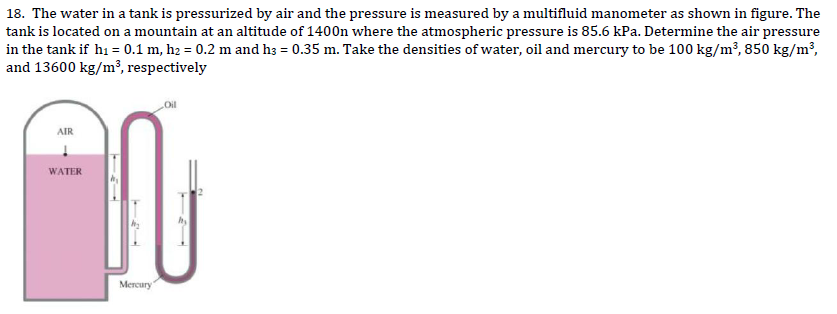 18. The water in a tank is pressurized by air and the pressure is measured by a multifluid manometer as shown in figure. The
tank is located on a mountain at an altitude of 1400n where the atmospheric pressure is 85.6 kPa. Determine the air pressure
in the tank if h₁ = 0.1 m, h₂ = 0.2 m and h3 = 0.35 m. Take the densities of water, oil and mercury to be 100 kg/m³, 850 kg/m³,
and 13600 kg/m³, respectively
AIR
WATER
Mercury