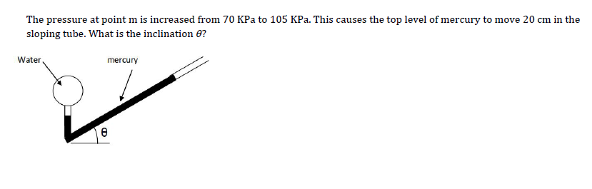 The pressure at point m is increased from 70 KPa to 105 KPa. This causes the top level of mercury to move 20 cm in the
sloping tube. What is the inclination 0?
Water
mercury
27