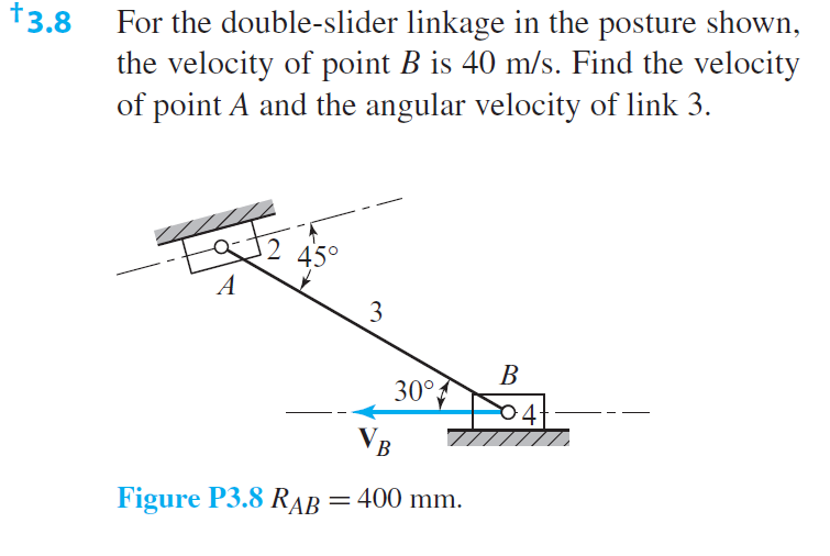 For the double-slider linkage in the posture shown,
the velocity of point B is 40 m/s. Find the velocity
of point A and the angular velocity of link 3.
†3,8
2 45°
A
3
В
30°
VB
Figure P3.8 RAB=400 mm.
