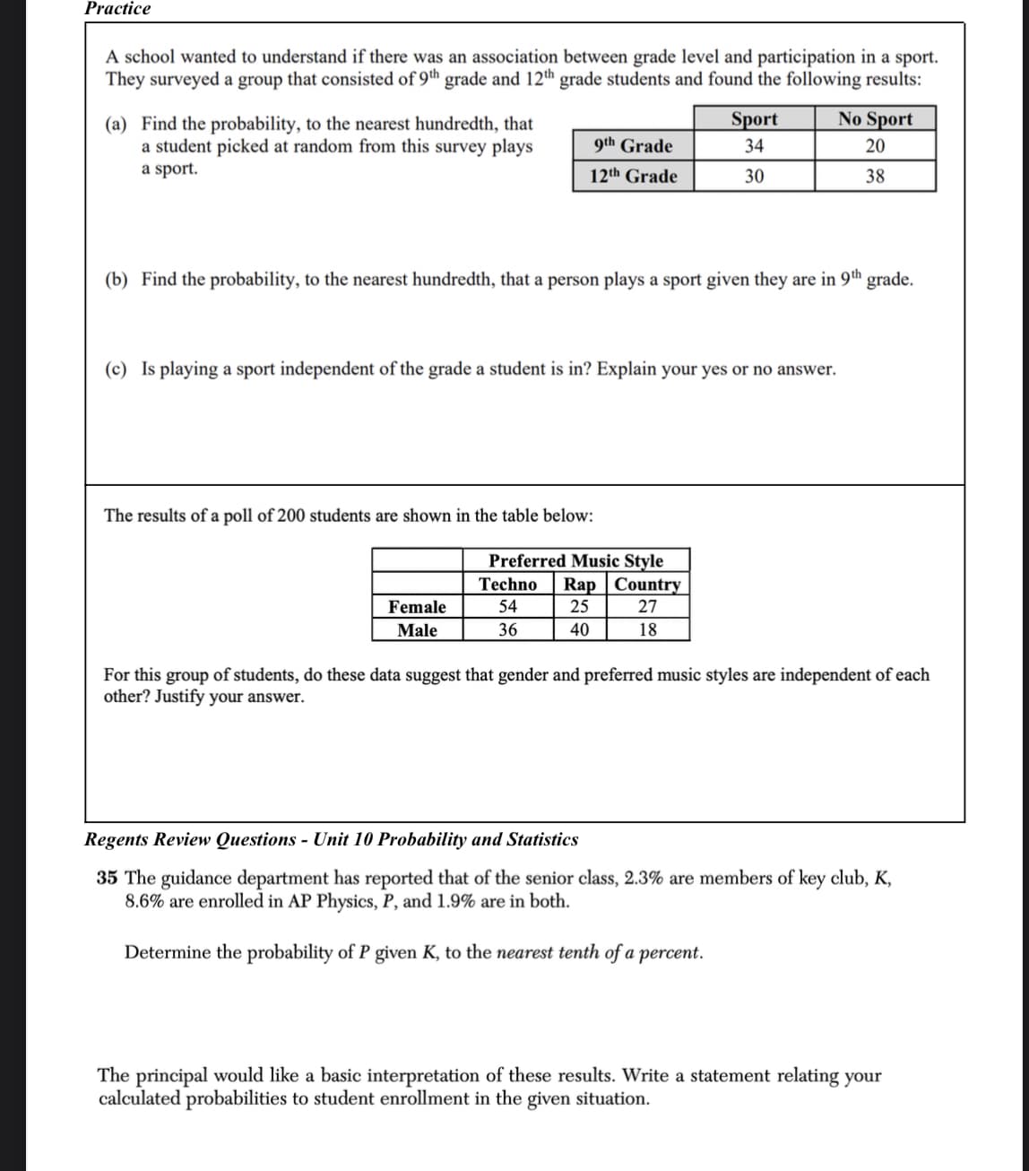 Practice
A school wanted to understand if there was an association between grade level and participation in a sport.
They surveyed a group that consisted of 9th grade and 12th grade students and found the following results:
(a) Find the probability, to the nearest hundredth, that
a student picked at random from this survey plays
a sport.
9th Grade
Sport
34
No Sport
20
12th Grade
30
38
(b) Find the probability, to the nearest hundredth, that a person plays a sport given they are in 9th grade.
(c) Is playing a sport independent of the grade a student is in? Explain your yes or no answer.
The results of a poll of 200 students are shown in the table below:
Preferred Music Style
Techno
Rap Country
Female
54
25
27
Male
36
40
18
For this group of students, do these data suggest that gender and preferred music styles are independent of each
other? Justify your answer.
Regents Review Questions - Unit 10 Probability and Statistics
35 The guidance department has reported that of the senior class, 2.3% are members of key club, K,
8.6% are enrolled in AP Physics, P, and 1.9% are in both.
Determine the probability of P given K, to the nearest tenth of a percent.
The principal would like a basic interpretation of these results. Write a statement relating your
calculated probabilities to student enrollment in the given situation.