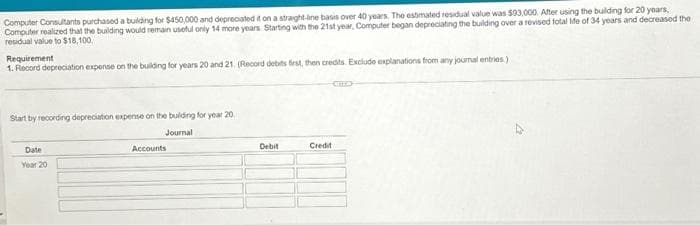 Computer Consultants purchased a building for $450,000 and depreciated it on a straight-line basis over 40 years. The estimated residual value was $93,000. After using the building for 20 years,
Computer realized that the building would remain useful only 14 more years Starting with the 21st year, Computer began depreciating the building over a revised total life of 34 years and decreased the
residual value to $18,100.
Requirement
1. Record depreciation expense on the building for years 20 and 21. (Record debits first, then credits. Exclude explanations from any journal entries.)
Start by recording depreciation expense on the building for year 20
Journal
Date
Year 20
Accounts
Debit
Credit
