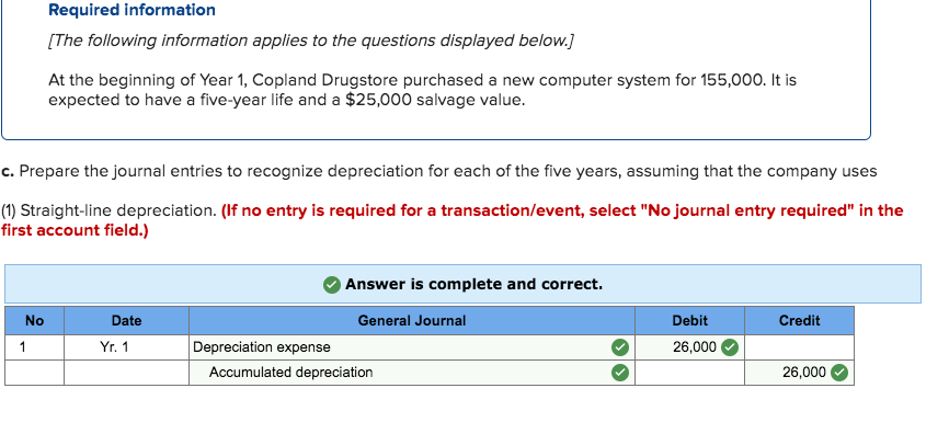 Required information
[The following information applies to the questions displayed below.]
No
1
At the beginning of Year 1, Copland Drugstore purchased a new computer system for 155,000. It is
expected to have a five-year life and a $25,000 salvage value.
c. Prepare the journal entries to recognize depreciation for each of the five years, assuming that the company uses
(1) Straight-line depreciation. (If no entry is required for a transaction/event, select "No journal entry required" in the
first account field.)
Date
Yr. 1
Answer is complete and correct.
General Journal
Depreciation expense
Accumulated depreciation
Debit
26,000
Credit
26,000