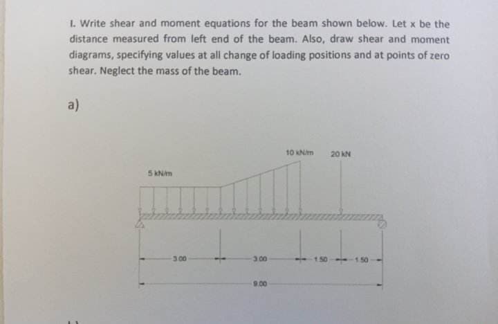 1. Write shear and moment equations for the beam shown below. Let x be the
distance measured from left end of the beam. Also, draw shear and moment
diagrams, specifying values at all change of loading positions and at points of zero
shear. Neglect the mass of the beam.
a)
5 kN/m
-3.00
3.00
9.00
10 kN/m
20 KN