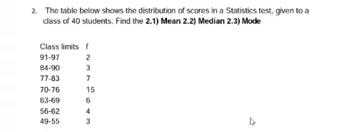 2. The table below shows the distribution of scores in a Statistics test, given to a
class of 40 students. Find the 2.1) Mean 2.2) Median 2.3) Mode
Class limits f
91-97
2
84-90
3
77-83
7
70-76
15
63-69
6
56-62
4
49-55
3