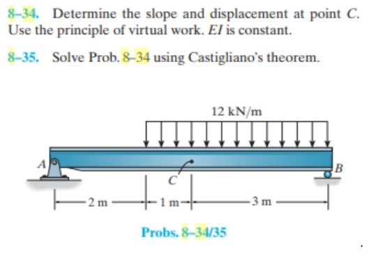 8-34. Determine the slope and displacement at point C.
Use the principle of virtual work. El is constant.
8-35. Solve Prob. 8-34 using Castigliano's theorem.
A
2 m
Ist
12 kN/m
Probs. 8-34/35
-3 m
B