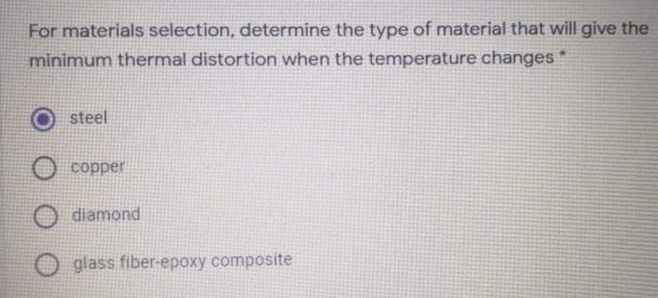 For materials selection, determine the type of material that will give the
minimum thermal distortion when the temperature changes*
O steel
O copper
O diamond
O glass fiber-epoxy composite
