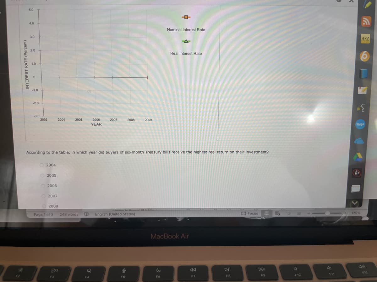 F2
INTEREST RATE (Percent)
5.0
4.0
3.0
2.0
1.0
0
-1.0 +
-2.0
-3.0
2003
2004
2005
2006
2004
2007
2008
Page 1 of 3
80
F3
2005
According to the table, in which year did buyers of six-month Treasury bills receive the highest real return on their investment?
248 words
2006
YEAR
Ix
2007
Q
F4
2008
Comorate Tax Rousmus
Tax Doueque Le in billional
English (United States)
9
2009
F5
Nominal Interest Rate
A
F6
Real Interest Rate
MacBook Air
F7
F8
Focus
F9
F10
F11
bongo
A
A-Z
125%
F12