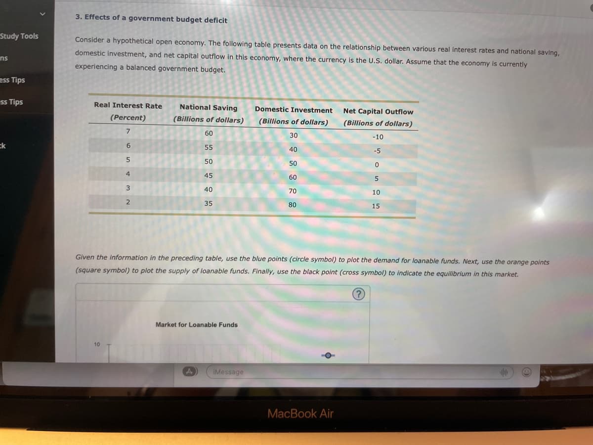 Study Tools
ns
ess Tips
-ss Tips
ck
3. Effects of a government budget deficit
Consider a hypothetical open economy. The following table presents data on the relationship between various real interest rates and national saving,
domestic investment, and net capital outflow in this economy, where the currency is the U.S. dollar. Assume that the economy is currently
experiencing a balanced government budget.
Real Interest Rate
(Percent)
7
6
10
5
4
3
2
National Saving
(Billions of dollars)
60
55
50
45
40
35
Market for Loanable Funds
A
Domestic Investment
(Billions of dollars)
30
40
50
iMessage
60
70
Given the information in the preceding table, use the blue points (circle symbol) to plot the demand for loanable funds. Next, use the orange points
(square symbol) to plot the supply of loanable funds. Finally, use the black point (cross symbol) to indicate the equilibrium in this market.
80
Net Capital Outflow
(Billions of dollars)
-10
MacBook Air
-5
0
5
10
15
10