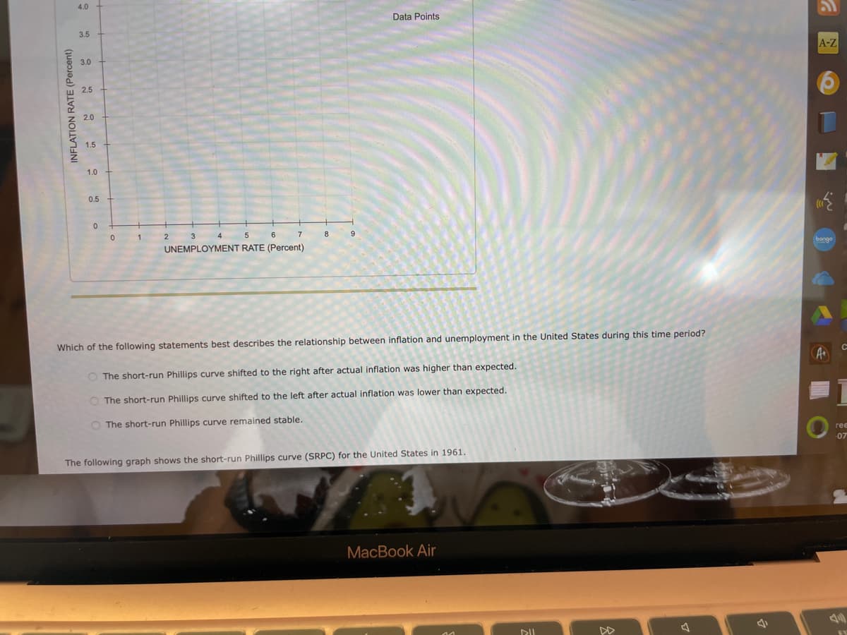 INFLATION RATE (Percent)
4.0
3.5
3.0
2.5
2.0
1.5
1.0
0.5
0
0
1
2
5
6
3 4
UNEMPLOYMENT RATE (Percent)
7
8
9
Data Points
Which of the following statements best describes the relationship between inflation and unemployment in the United States during this time period?
O The short-run Phillips curve shifted to the right after actual inflation was higher than expected.
O The short-run Phillips curve shifted to the left after actual inflation was lower than expected.
O The short-run Phillips curve remained stable.
The following graph shows the short-run Phillips curve (SRPC) for the United States in 1961.
MacBook Air
DUL
A-Z
bongo
#
ree
-07