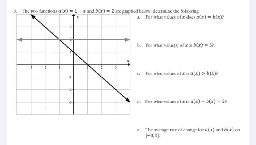 3. The two functions a(x) = 1 – x and b(x) = 2 are graphed below, determine the following:
a. For what values of x does a(x) = b(x)?
b. For what value(s) of x is b(x) = 3?
%3D
c. For what values of x is a(x) > b(x)?
d. For what values of x is a(x) – b(x) = 2?
c. The average rate of change for a(x) and b(x) on
[-3,3].
