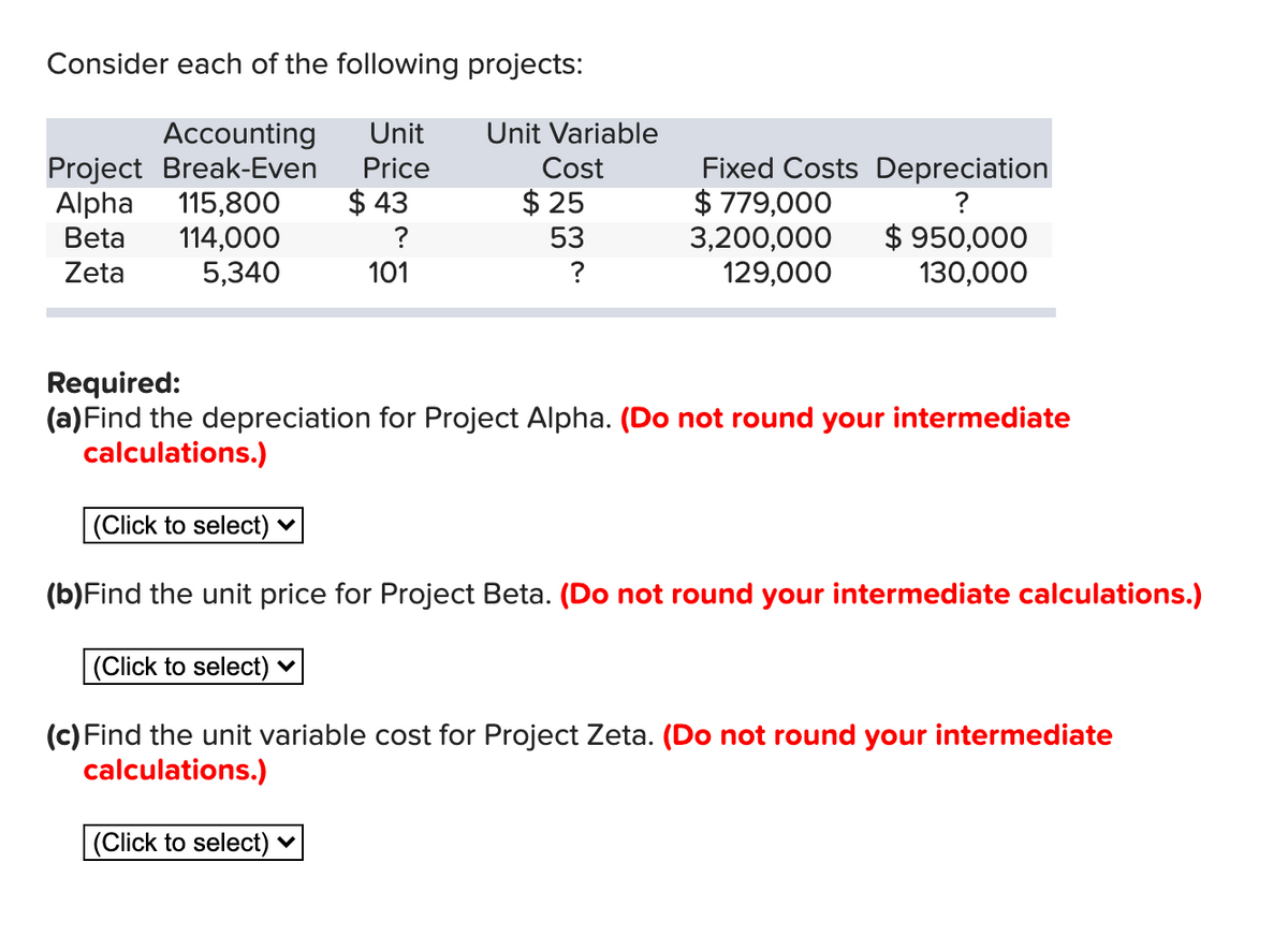 Consider each of the following projects:
Accounting
Project Break-Even
115,800
114,000
5,340
Unit
Unit Variable
Fixed Costs Depreciation
$ 779,000
3,200,000
129,000
Price
Cost
Alpha
Beta
$ 43
$ 25
?
$ 950,000
130,000
53
Zeta
101
?
Required:
(a)Find the depreciation for Project Alpha. (Do not round your intermediate
calculations.)
(Click to select) ♥
(b)Find the unit price for Project Beta. (Do not round your intermediate calculations.)
(Click to select) ♥
(c) Find the unit variable cost for Project Zeta. (Do not round your intermediate
calculations.)
(Click to select) ♥
