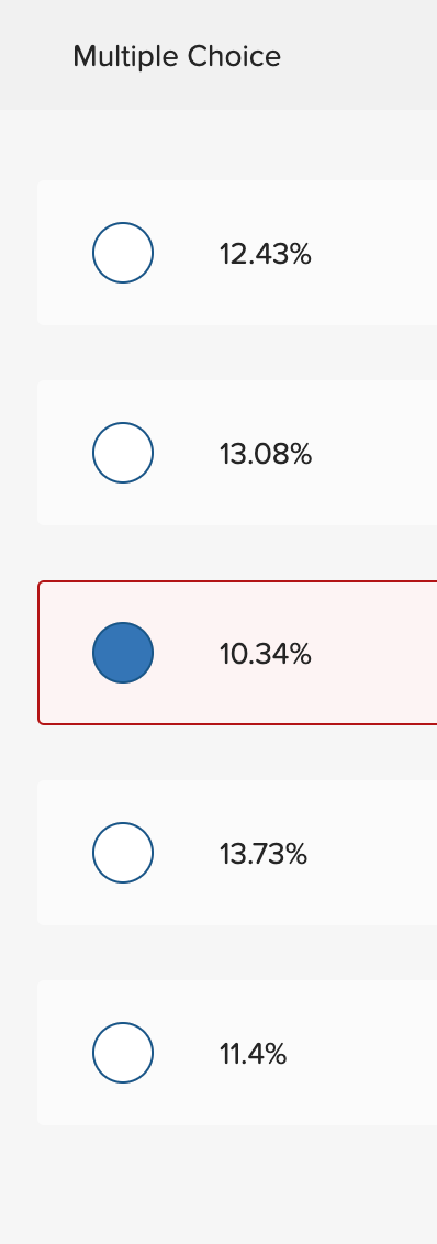 Multiple Choice
12.43%
13.08%
10.34%
13.73%
11.4%
